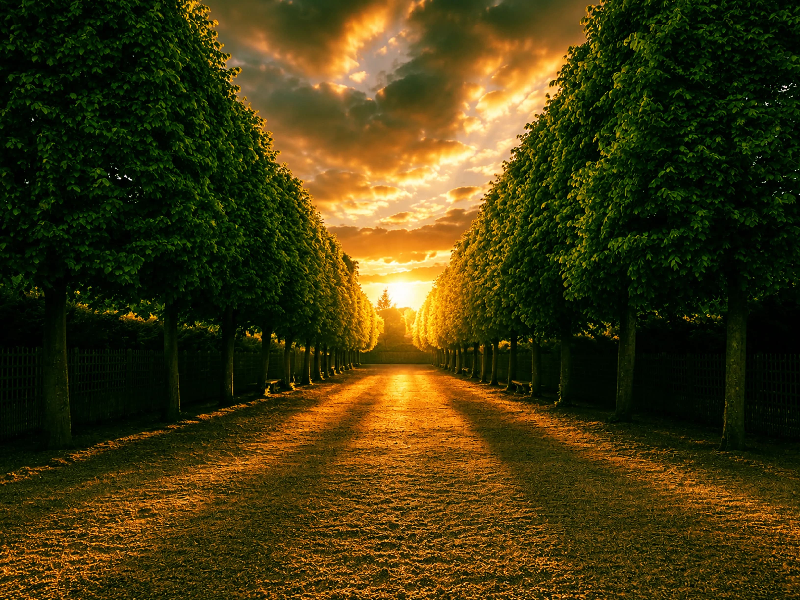 Symmetrical tree-lined path in the Gardens of Versailles glowing with warm evening light, titled A Walk Down the Aisle by Francisco Colón.