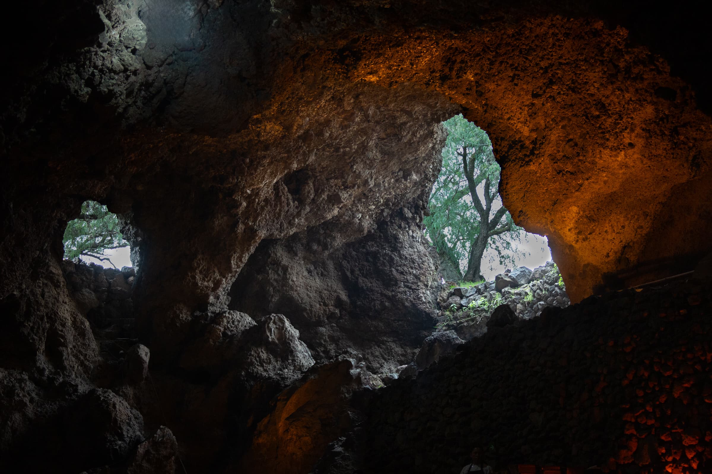 View from inside a dark volcanic cave toward a tree framed by an irregular opening, with warm amber light illuminating the surrounding rock.