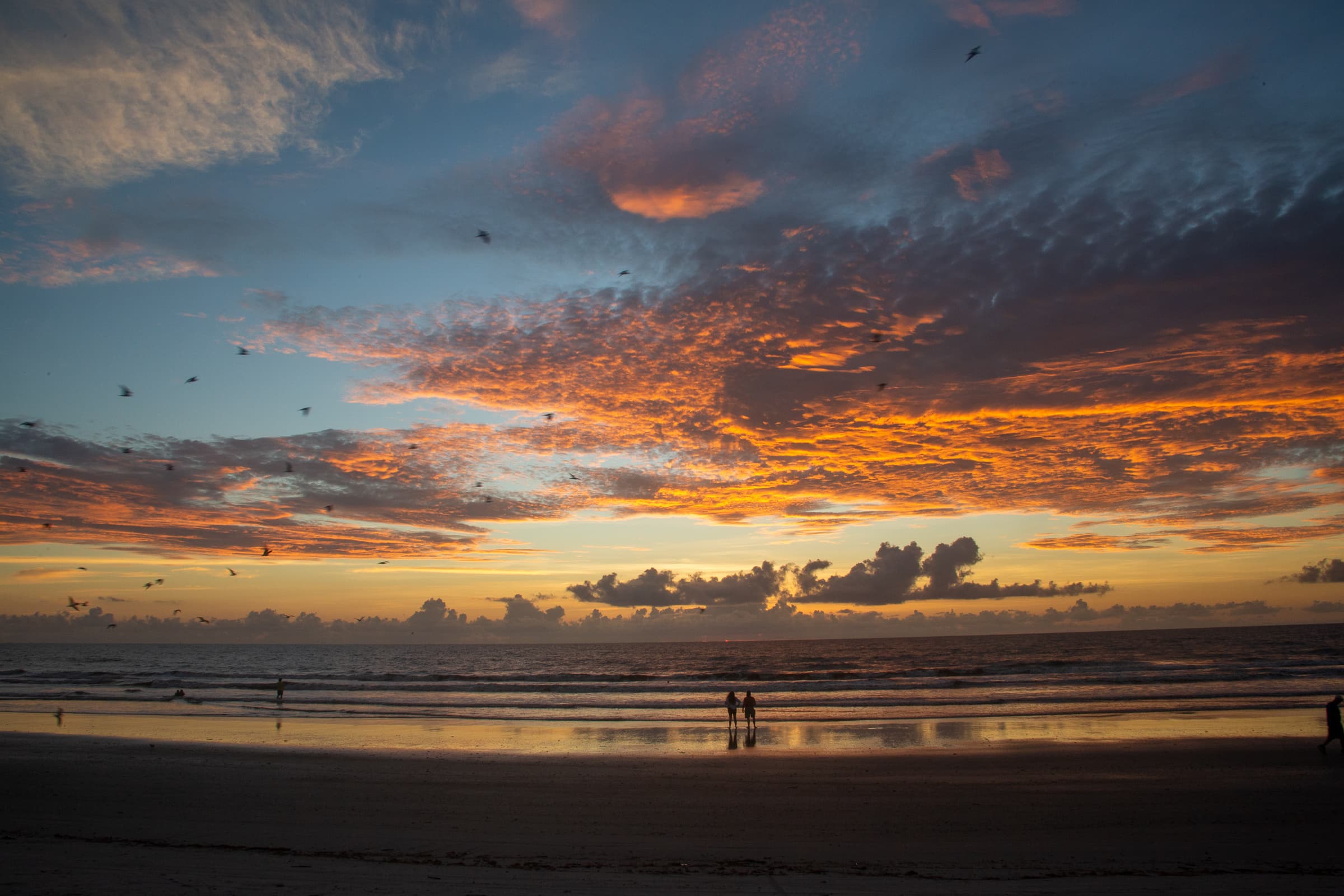 Two distant figures stand near the shoreline at Cherie Down Park beneath orange illuminated clouds and blue early-morning sky, titled Witness to Morning by Francisco Colón.