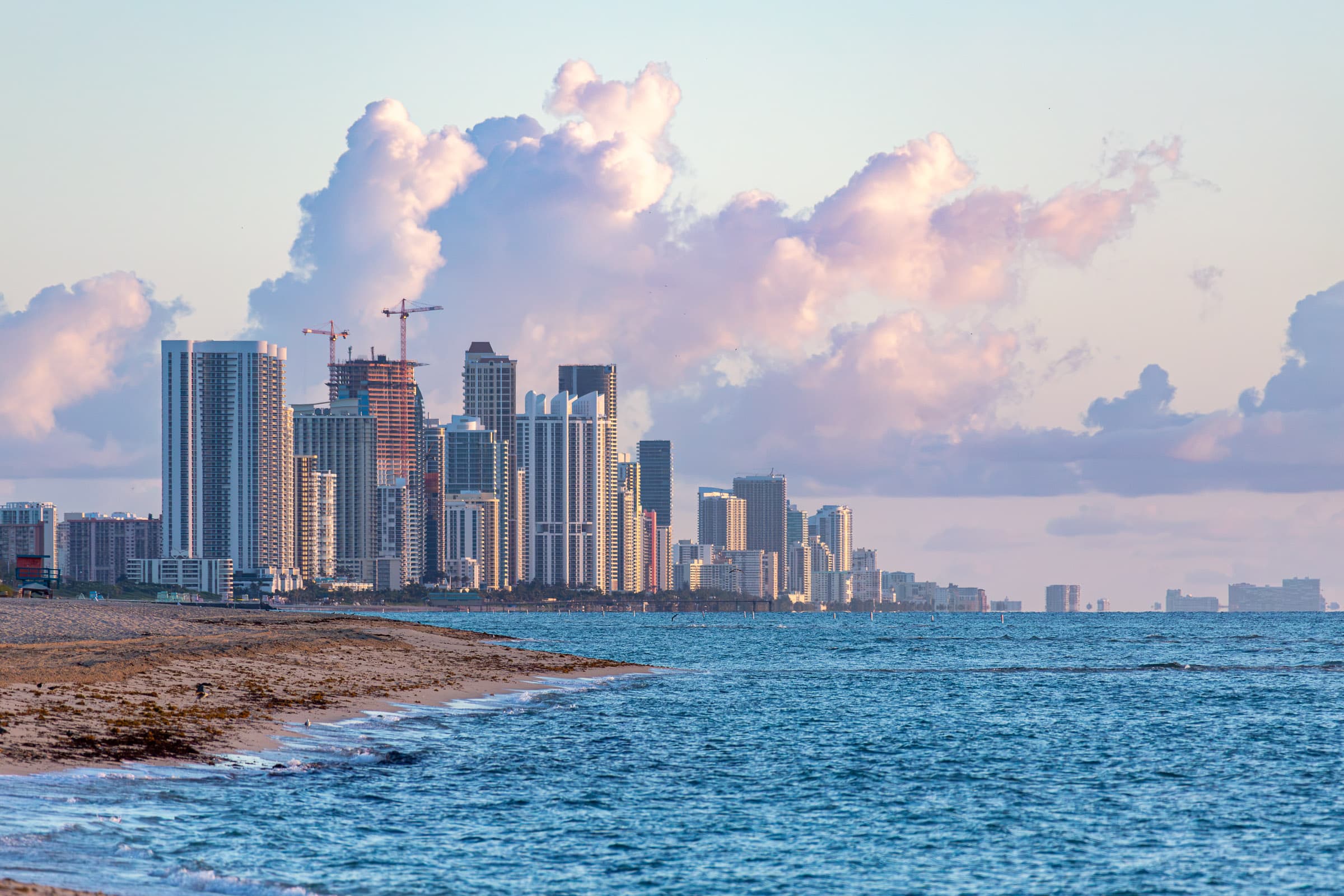 Northward view along Miami Beach showing high-rise buildings beside the Atlantic Ocean beneath large pink and blue morning clouds, photographed by Francisco Colón.