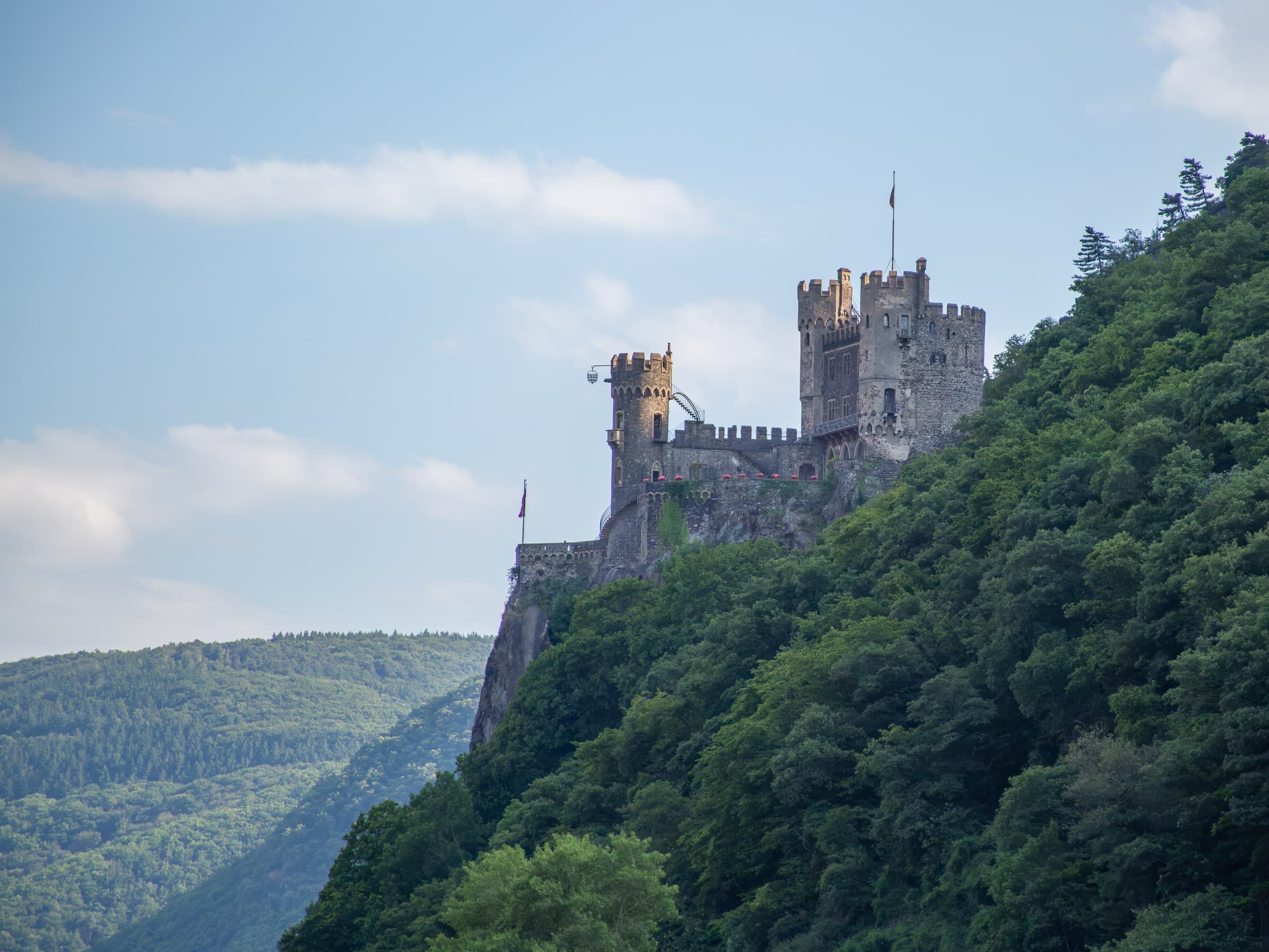 Rheinstein Castle stands high above a densely wooded hillside along the Rhine near Trechtingshausen, Germany, with a small metal basket projecting from one of its towers in The Detail I Remembered by Francisco Colón.