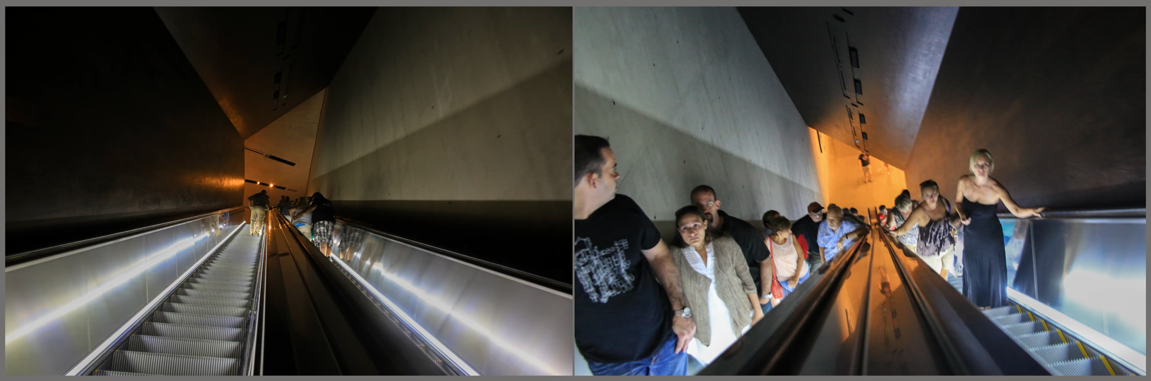 Two-panel photographic diptych inside the 9/11 Memorial and Museum in New York City showing visitors moving in opposite directions along illuminated escalators beneath monumental concrete architecture, titled Those Who Come, Those Who Leave by Francisco Colón.