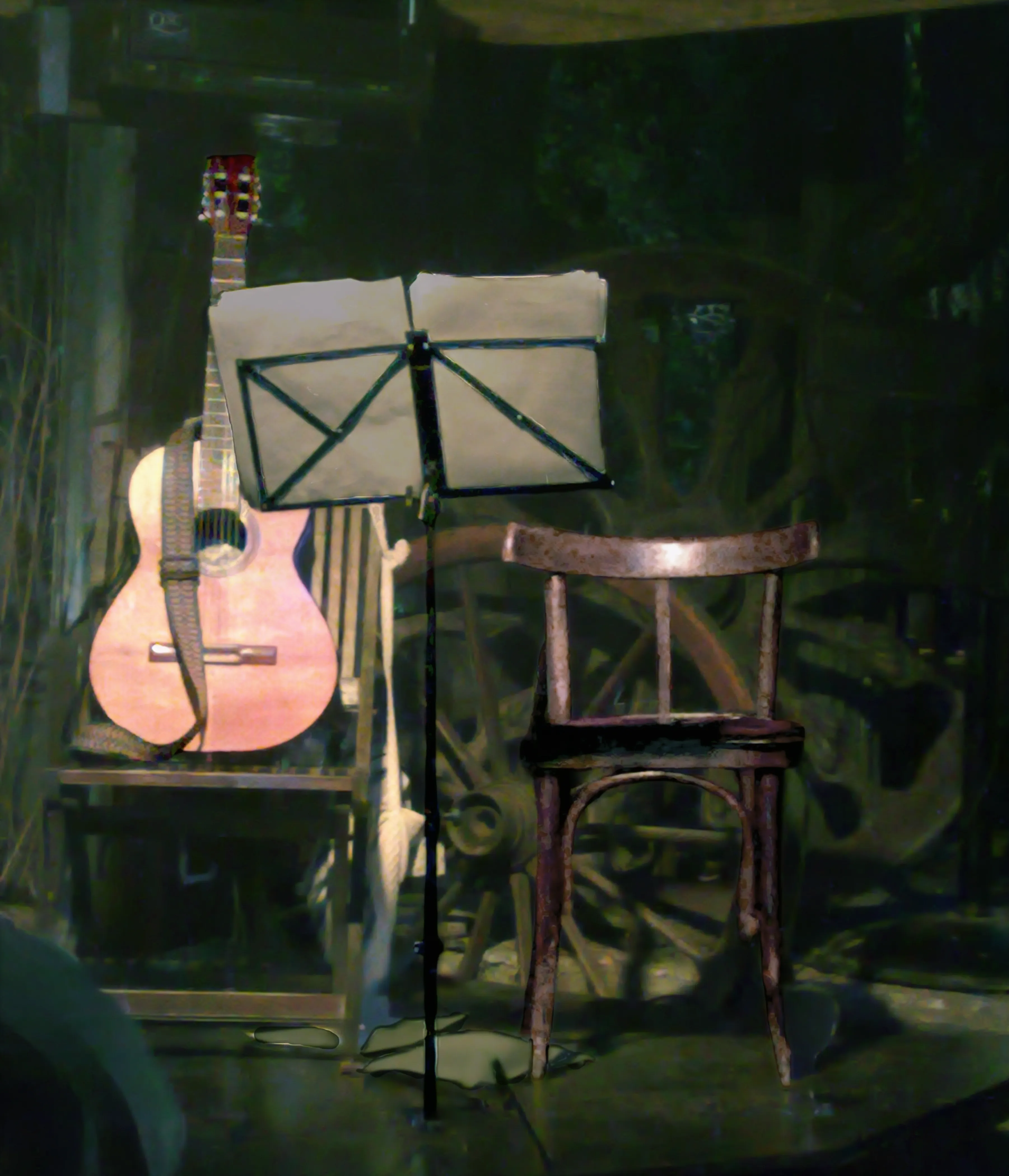 Guitar resting beside empty chairs and a music stand during a break between samba performances in Recoleta, Buenos Aires, titled The Music Awaiting by Francisco Colón.