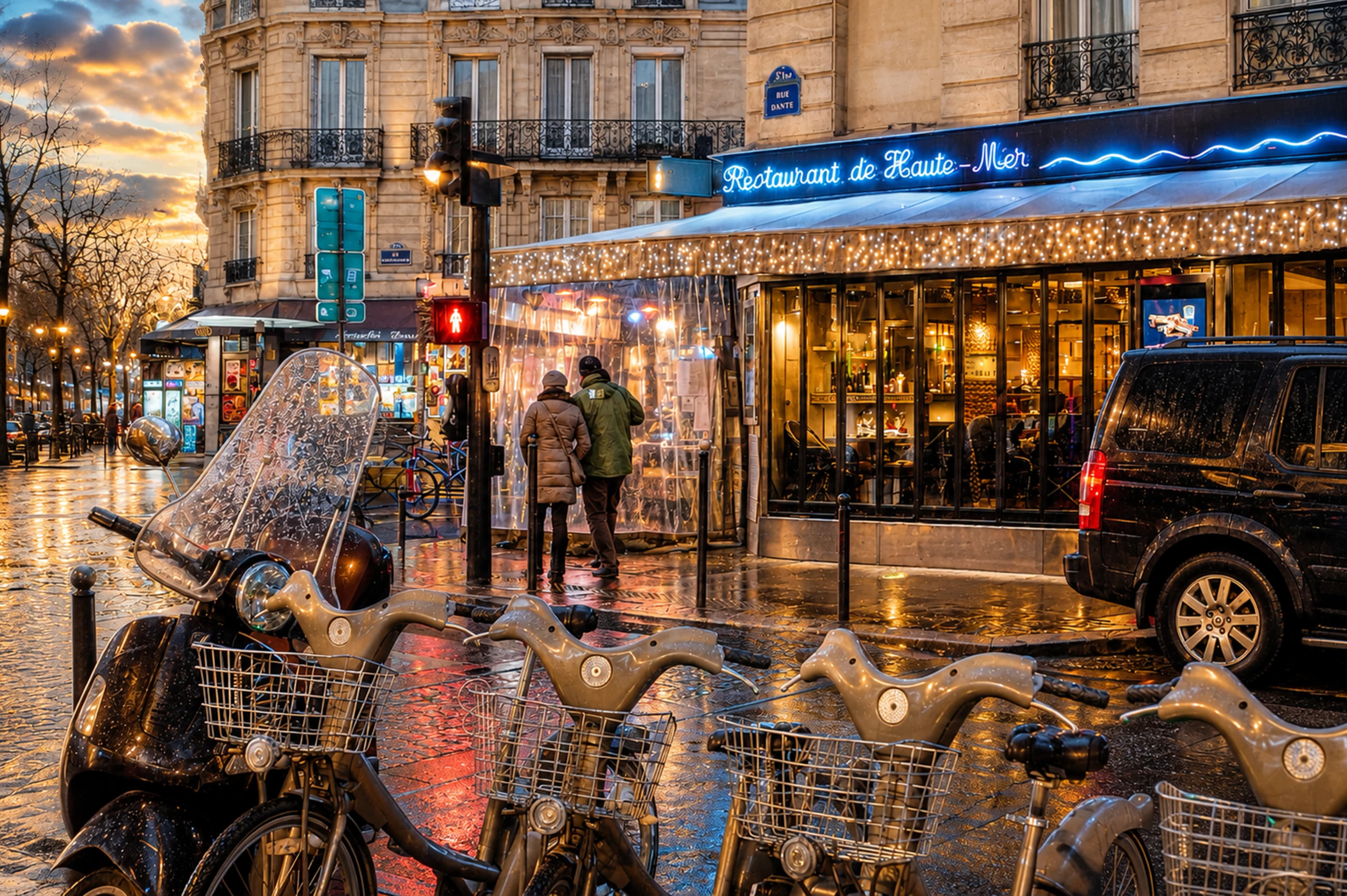 Pedestrians crossing a rain-soaked Paris street beside bicycles and illuminated restaurants, titled Paris After Rain by Francisco Colón.
