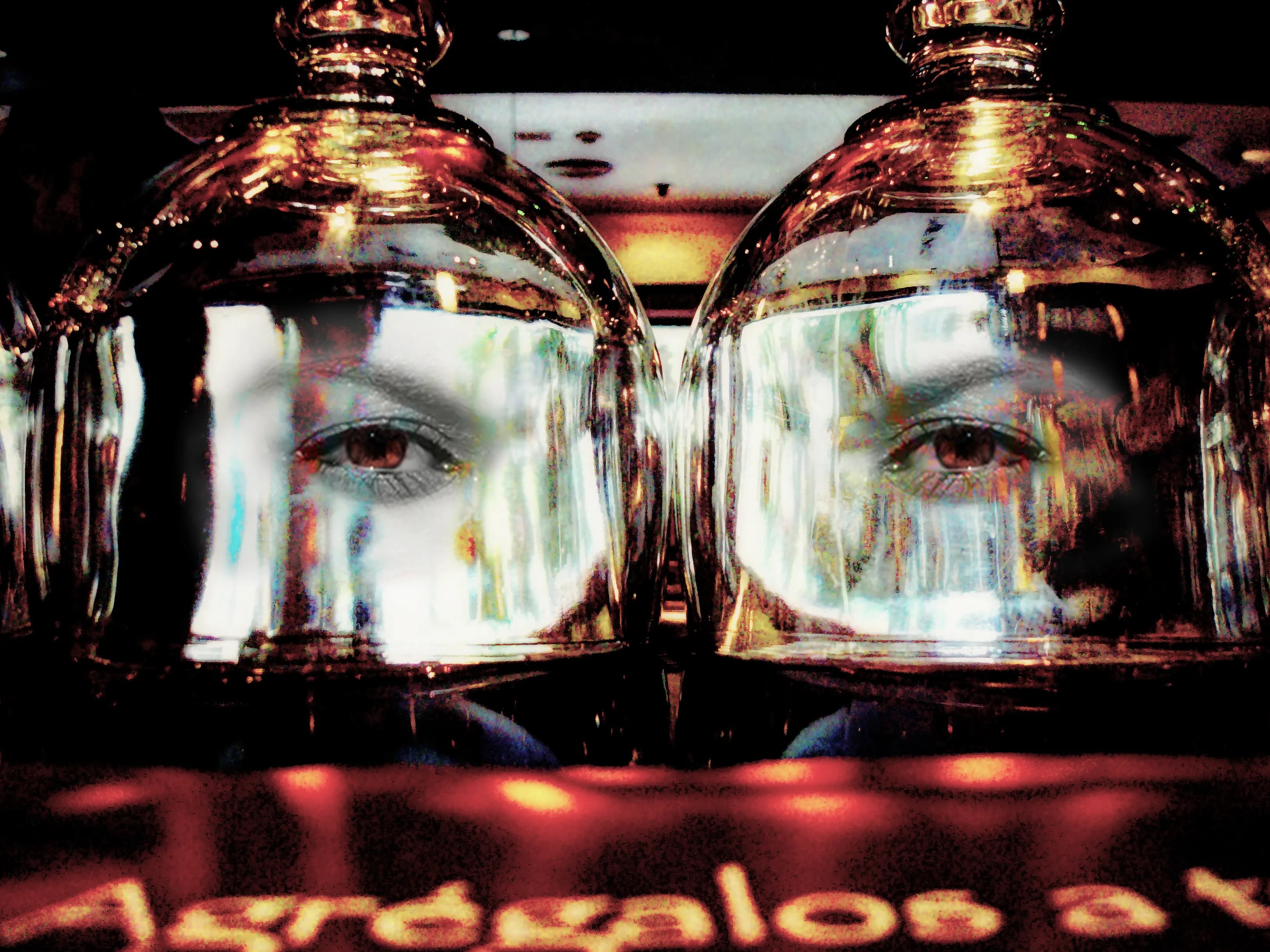 Human eyes appearing within an inverted transparent drinking glass in the conceptual photographic work Reflections of a Soul by Francisco Colón.